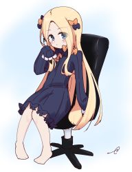 Rule 34 | 1girl, abigail williams (fate), barefoot, black bow, black dress, blonde hair, blue eyes, blush, bow, bug, butterfly, chair, closed mouth, commentary request, dress, fate/grand order, fate (series), forehead, full body, hair bow, highres, holding, holding pencil, insect, kujou karasuma, long hair, long sleeves, looking at viewer, multiple hair bows, no headwear, office chair, on chair, orange bow, parted bangs, pencil, signature, sitting, sleeves past fingers, sleeves past wrists, solo, swivel chair, very long hair