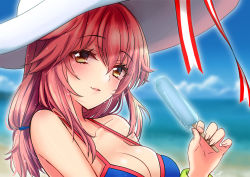 Rule 34 | 1girl, aonegi, bikini, blue bikini, blush, breasts, cleavage, collarbone, commentary, commentary request, fate/grand order, fate (series), fox girl, hat, ice, large breasts, lips, looking at viewer, ocean, open mouth, outdoors, pink hair, ribbon, side-tie bikini bottom, solo, sun hat, swimsuit, tamamo (fate), tamamo no mae (fate/extra), tamamo no mae (swimsuit lancer) (fate), tamamo no mae (swimsuit lancer) (third ascension) (fate), yellow eyes