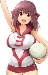 Rule 34 | 1girl, :d, arm up, ball, breasts, brown eyes, brown hair, carrying, carrying under arm, commentary request, girls und panzer, hair between eyes, headband, highres, kitayama miuki, kondou taeko, large breasts, looking at viewer, medium hair, number print, open mouth, red headband, red shorts, shirt, short shorts, shorts, simple background, sleeveless, sleeveless shirt, smile, solo, sportswear, teeth, upper teeth only, volleyball (object), volleyball uniform, white background