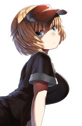 Rule 34 | 1girl, arched back, bad id, bad pixiv id, belko, black shirt, blonde hair, blunt bangs, breasts, closed mouth, commentary request, expressionless, eyes visible through hair, glaring, highres, large breasts, leaning forward, looking at viewer, looking to the side, original, shaded face, shinjin-chan (belko), shirt, short hair, short sleeves, simple background, solo, upper body, visor cap, white background