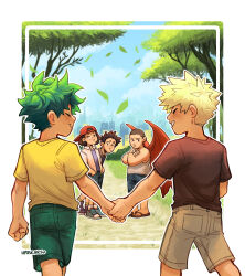 Rule 34 | 5boys, absurdres, aged down, artist name, backwards hat, bakugou katsuki, blonde hair, boku no hero academia, border, brown hair, brown shirt, brown shorts, child, closed eyes, closed mouth, cloud, commentary, crossed arms, day, dragon wings, english commentary, freckles, from behind, green hair, green shorts, habkart, hat, highres, holding hands, looking at another, male focus, midoriya izuku, multiple boys, open mouth, outdoors, red wings, shirt, shoes, short hair, short sleeves, shorts, smile, spiked hair, standing, t-shirt, tank top, tree, white border, wings, yaoi, yellow shirt