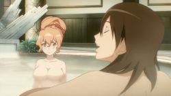 Rule 34 | 10s, 2girls, angry, animated, animated gif, bath, breasts, brown hair, covering privates, covering breasts, huge breasts, kyouno madoka, muginami, multiple girls, nude, orange hair, rinne no lagrange