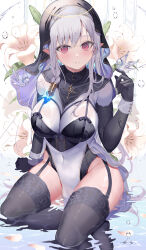 Rule 34 | 1girl, absurdres, amahara subaru, black gloves, black headwear, black thighhighs, blush, breasts, commentary, elbow gloves, english commentary, flower, gloves, highres, large breasts, looking at viewer, original, parted lips, pelvic curtain, pointy ears, purple eyes, sitting, solo, thighhighs, thighs, water, wet, white hair