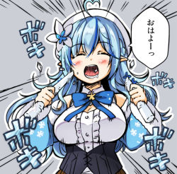 Rule 34 | ahoge, bad id, bad twitter id, beret, blue hair, blush, breasts, closed eyes, commentary request, eating, grey background, half updo, hat, hololive, icicle, large breasts, long hair, open mouth, pointy ears, ribbon, simple background, solo, utsurogi angu, virtual youtuber, yukihana lamy