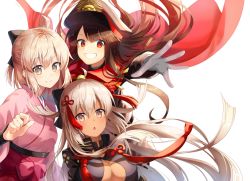 Rule 34 | 3girls, :d, ahoge, black bow, black hair, blonde hair, blush, bow, breasts, brown eyes, cape, cleavage, closed mouth, commentary request, dark-skinned female, dark skin, dual persona, fate/grand order, fate (series), floating hair, gloves, grin, hair bow, hat, japanese clothes, kimono, long hair, long sleeves, looking at viewer, military hat, multiple girls, negative space, nonono (nononotea), obi, oda nobunaga (fate), oda nobunaga (koha-ace), okita souji (fate), okita souji (koha-ace), okita souji alter (fate), open mouth, outstretched hand, parted lips, peaked cap, pink kimono, red eyes, sash, short hair, sidelocks, simple background, smile, tassel, teeth, very long hair, white background, white gloves, white hair
