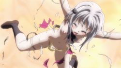 Rule 34 | 10s, 1girl, animated, animated gif, blush, bouncing breasts, breasts, demon girl, closed eyes, hair ornament, high school dxd, open mouth, panties, ribbon, screencap, silver hair, small breasts, socks, spread legs, torn clothes, toujou koneko, underwear, yellow eyes