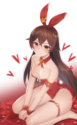 Rule 34 | 1girl, absurdres, amber (genshin impact), blush, breasts, brown eyes, brown hair, chinese commentary, cleavage, closed mouth, commentary request, covered navel, crossed bangs, detached collar, genshin impact, hair ribbon, highres, leotard, long hair, looking at viewer, medium breasts, playboy bunny, rabbit tail, red leotard, red ribbon, ribbon, sitting, smile, strapless, strapless leotard, tail, wariza, wrist cuffs