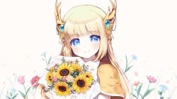 Rule 34 | 1girl, blonde hair, blue eyes, blue flower, blush, bouquet, brown background, brown capelet, brown flower, capelet, closed mouth, commentary, commission, flower, headgear, long hair, mechuragi, original, pink flower, pink rose, rose, smile, solo, sunflower, symbol-only commentary, upper body, white flower, white rose, yellow flower