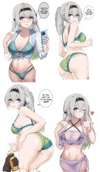 Rule 34 | 1girl, absurdres, alternate costume, aqua bikini, arm support, ass, bare arms, bare shoulders, bikini, bikini under clothes, black hairband, blush, breasts, breasts apart, cellphone, commentary, cowboy shot, crop top, english text, firefly (honkai: star rail), green bikini, grey hair, grin, hairband, hands up, heart, highres, holding, holding phone, honkai: star rail, honkai (series), kagurachi, large breasts, long hair, looking at viewer, lotion, medium breasts, multiple views, navel, one eye closed, phone, ponytail, purple eyes, sarong, see-through, shirt, sidelocks, simple background, smartphone, smile, spaghetti strap, speech bubble, standing, stomach, sunscreen, swimsuit, thighs, tied shirt, very long hair, white background, white shirt