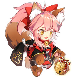 Rule 34 | 1girl, :3, animal ears, bell, breasts, chibi, cleavage, collar, fangs, fate/grand order, fate (series), fox ears, fox tail, hair ribbon, japanese clothes, large breasts, long hair, lowres, neck bell, open mouth, pink hair, ribbon, simple background, solo, tail, tamamo (fate), tamamo cat (fate), tamamo cat (first ascension) (fate), tamamo no mae (fate/extra), thighhighs, white background, yellow eyes, youli (yori)