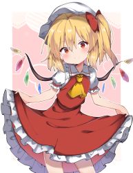 Rule 34 | 1girl, amashi (qcmrq906), ascot, bad id, bad pixiv id, blonde hair, blush, border, bow, clothes lift, commentary request, cowboy shot, crystal, dress, dress lift, flandre scarlet, frilled shirt collar, frills, hair between eyes, hair bow, hat, head tilt, heart, highres, lifted by self, looking at viewer, mob cap, pink background, puffy short sleeves, puffy sleeves, red bow, red dress, red eyes, short hair, short sleeves, side ponytail, smile, solo, standing, touhou, white border, white hat, wings, yellow ascot