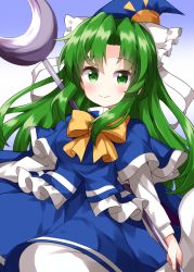 Rule 34 | 1girl, blue background, blue hat, blue shirt, blue skirt, bow, bowtie, closed mouth, gradient background, green eyes, green hair, hat, highres, long hair, long sleeves, looking at viewer, mima (touhou), pointy hat, ruu (tksymkw), shirt, skirt, smile, solo, staff, touhou, touhou (pc-98), wizard hat, yellow bow, yellow bowtie
