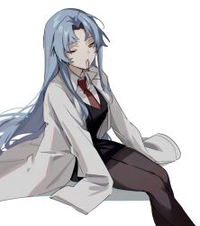 Rule 34 | 1girl, angela (project moon), black skirt, black vest, brown pantyhose, coat, collared shirt, expressionless, feet out of frame, grey hair, hair intakes, highres, invisible chair, lab coat, lobotomy corporation, long hair, looking at viewer, mouth hold, mu46016419, necktie, one eye closed, open clothes, open coat, pantyhose, pencil skirt, project moon, red necktie, shirt, simple background, sitting, skirt, sleeves past fingers, sleeves past wrists, solo, vest, white background, white coat, white shirt, yellow eyes