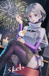Rule 34 | 1girl, absurdres, ammo21204760, boots, commission, contender (girls&#039; frontline), cross-laced footwear, fireworks, food, girls&#039; frontline, grey hair, highres, ice cream, multicolored hair, purple eyes, purple hair, short hair, short shorts, shorts, sitting, skeb commission, solo, streaked hair, thigh boots
