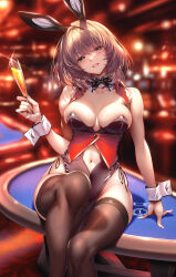 Rule 34 | 1girl, animal ears, arm support, black bow, black bowtie, black thighhighs, blurry, blurry background, blush, bob cut, bow, bowtie, breasts, breasts apart, casino card table, champagne flute, clothing cutout, collarbone, cup, detached collar, drinking glass, fake animal ears, feet out of frame, groin, head tilt, highleg, highleg leotard, highres, holding, holding cup, idolmaster, idolmaster cinderella girls, leotard, medium breasts, mole, mole under eye, navel, navel cutout, piromizu, playboy bunny, rabbit ears, sitting, sleeves past wrists, smile, solo, table, takagaki kaede, thighhighs