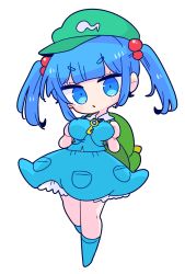 Rule 34 | 1girl, backpack, bag, blue eyes, blue footwear, blue hair, blue shirt, blue skirt, boots, breasts, collared shirt, female focus, flat cap, frilled shirt collar, frills, full body, green hat, hair bobbles, hair ornament, hat, highres, kawashiro nitori, key, knee boots, large breasts, long sleeves, matching hair/eyes, medium hair, op na yarou, pocket, puffy short sleeves, puffy sleeves, rubber boots, shirt, short sleeves, short twintails, sidelocks, simple background, skirt, skirt set, solo, touhou, twintails, two side up, white background
