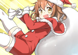 Rule 34 | 10s, 1girl, artist name, brown hair, christmas, fang, fur trim, hair ornament, hairclip, hat, highres, ikazuchi (kancolle), kantai collection, looking at viewer, open mouth, over shoulder, ryuki (ryukisukune), sack, santa costume, santa hat, short hair, signature, solo, thighhighs, white thighhighs, yellow eyes