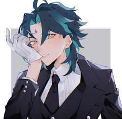 Rule 34 | 1boy, absurdres, formal, genshin impact, gloves, green hair, grin, highres, looking at viewer, medium hair, mono-caeli, multicolored hair, open mouth, smile, streaked hair, suit, white gloves, xiao (genshin impact), yellow eyes