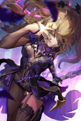 Rule 34 | 1girl, black nails, blonde hair, bow, bow (weapon), brown thighhighs, chromatic aberration, closed mouth, eyepatch, feathers, fingernails, fischl (genshin impact), frills, garter straps, genshin impact, gloves, green eyes, holding, holding bow (weapon), holding weapon, jimbobox, long hair, nail polish, purple bow, purple feathers, signature, single glove, solo, thighhighs, twintails, weapon
