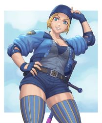 Rule 34 | 1girl, blonde hair, blue eyes, blue gloves, blue headwear, blue jacket, breasts, capcom, cape, cleavage, denim, denim shorts, elbow pads, final fight, fingerless gloves, from below, gloves, grin, hand on headwear, hand on own hip, hand up, highres, jacket, looking at viewer, looking down, lucia morgan, medium breasts, noppo (tarstation), police, police uniform, policewoman, shorts, sleeves pushed up, smile, solo, street fighter, street fighter v, striped clothes, striped thighhighs, teeth, thighhighs, thighs, uniform, vertical-striped clothes, vertical-striped thighhighs, zettai ryouiki