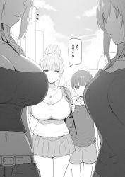 Rule 34 | 1boy, 3girls, age difference, bag, yui (sky-freedom), breasts, child, cleavage, confrontation, crowd, face-to-face, faceless, faceless female, greyscale, handbag, hetero, highres, hinano (sky-freedom), jewelry, kaori (sky-freedom), large breasts, midriff, monochrome, multiple girls, navel, necklace, onee-shota, original, outdoors, pleated skirt, skirt, sky-freedom, teenage girl and younger boy, translation request, yui (sky-freedom)