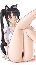 Rule 34 | 1girl, absurdres, animal ear fluff, animal ears, ass, black hair, blush, breasts, brown eyes, cat ears, cat girl, cat tail, dress, highres, legs, legs up, looking at viewer, medium breasts, original, panties, ponytail, raised eyebrow, simple background, solo, tail, takie arts, thighs, twintails, underwear, white background