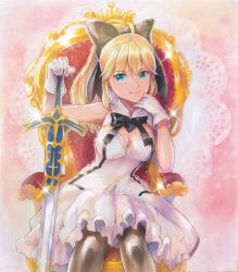 Rule 34 | 1girl, absurdres, ahoge, artoria pendragon (all), artoria pendragon (fate), black bow, black pantyhose, blonde hair, blue eyes, bow, breasts, china dress, chinese clothes, cleavage, detached collar, dress, excalibur (fate/stay night), fate/unlimited codes, fate (series), gloves, hair between eyes, hair bow, hand on hilt, high ponytail, highres, large breasts, long hair, looking at viewer, marker (medium), mayo riyo, medium breasts, medium skirt, pantyhose, saber lily, sitting, skirt, sleeveless, smile, solo, sparkle, strapless, traditional media, white gloves, white skirt