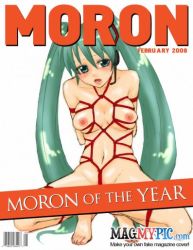 Rule 34 | 1girl, bdsm, bondage, bound, breasts, cover, crotch rope, fake cover, frogtie, hatsune miku, long hair, m (avian), macro, meme, nipples, nude, rope, shibari, small breasts, solo, very long hair, vocaloid, watermark