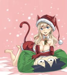 Rule 34 | 1girl, animal ears, blonde hair, blue eyes, breasts, cat ears, cat tail, christmas, eden&#039;s zero, hat, highres, jewelry, large breasts, mashima hiro, neck bell, necklace, rebecca bluegarden, santa costume, santa hat, solo, tail