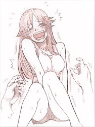 Rule 34 | 1girl, :d, ^^^, bare arms, bare legs, blush, breasts, brown theme, commentary, fangs, fingernails, flying sweatdrops, from above, greyscale, haioku colonel, hair ornament, hairclip, highres, himekawa yuki, idolmaster, idolmaster cinderella girls, large breasts, laughing, long hair, lying, monochrome, nose blush, on back, open mouth, short shorts, shorts, sketch, smile, solo focus, tank top, tearing up, tickling, traditional media, white background