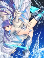 Rule 34 | 1girl, armor, armored boots, black background, blue background, boots, bow, coat, commentary request, crotch plate, fate/grand order, fate (series), gradient background, grey footwear, grey thighhighs, hair bow, juliet sleeves, long hair, long sleeves, meltryllis (fate), meltryllis (third ascension) (fate), navel, niu illuminator, parted lips, puffy sleeves, purple eyes, purple hair, revealing clothes, sleeves past fingers, sleeves past wrists, solo, standing, standing on one leg, thigh boots, thighhighs, very long hair, water, white bow, white coat