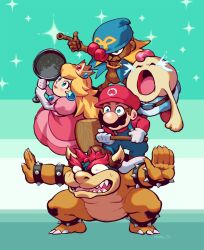 Rule 34 | 1girl, 4boys, aqua eyes, artist name, barefoot, belt, blonde hair, blue headwear, blush, blush stickers, bowser, bracelet, brown hair, closed eyes, closed mouth, commentary, crown, dkirbyj, dress, earrings, facial hair, frying pan, full body, geno (mario), gloves, hat, highres, holding, holding frying pan, holding mallet, horns, jewelry, long hair, long sleeves, mallet, mallow (mario), mario, mario (series), multiple boys, mustache, nintendo, nostrils, open mouth, outstretched arms, overalls, pink dress, princess peach, red hair, red headwear, sharp teeth, shirt, shoes, short hair, signature, smile, sphere earrings, spiked bracelet, spikes, standing, super mario rpg, sweat, teeth, thick eyebrows, tongue, white gloves