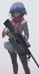 Rule 34 | 1girl, absurdres, ai arctic warfare, bipod, black pantyhose, blue hair, bolt action, brown gloves, expressionless, gloves, grey background, grey jacket, grey skirt, gun, highres, jacket, looking at viewer, orange eyes, original, pantyhose, red scarf, rifle, scarf, scope, sixthpaledot, skirt, sniper rifle, solo, weapon