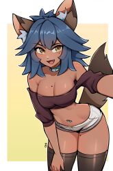 1girl animal_ears bare_shoulders blue_hair blush borrowed_character breasts brown_eyes cleavage collarbone commission crop_top dark-skinned_female dark_skin fang highres large_breasts looking_at_viewer medium_hair micro_shorts mole mole_on_breast mole_on_thigh mole_under_eye navel_piercing oninuer open_mouth original piercing short_sleeves shorts smile solo tail white_shorts wolf_ears wolf_girl wolf_tail