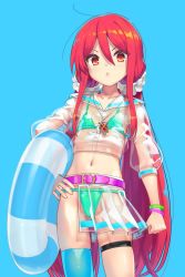 Rule 34 | 1girl, ahoge, bikini, bikini under clothes, blush, cowboy shot, female focus, frown, highres, jewelry, long hair, looking at viewer, ohlia, pendant, red eyes, red hair, see-through, shakugan no shana, shana, single thighhigh, solo, swimsuit, swimsuit under clothes, thigh strap, thighhighs, twintails