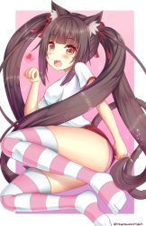 Rule 34 | 1girl, animal ears, breasts, brown eyes, brown hair, buruma, cat ears, cat tail, chocola (nekopara), hair ribbon, highres, kaptivate, long hair, nekopara, open mouth, panties, paw pose, pink background, pink panties, red eyes, red ribbon, ribbon, simple background, sitting, slit pupils, small breasts, solo, striped clothes, striped thighhighs, tail, thighhighs, twintails, twitter username, underwear, very long hair, white background