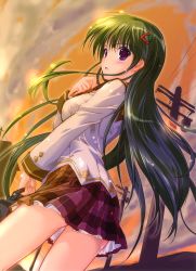 Rule 34 | 1girl, absurdres, autumn, bag, blush, cowboy shot, dutch angle, food, from behind, from below, fruit, green hair, hair ornament, hairclip, highres, komatsu eiji, long sleeves, looking at viewer, looking back, outdoors, plaid, plaid skirt, power lines, purple eyes, school uniform, skirt, solo, strawberry, sunset, utility pole
