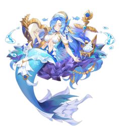 Rule 34 | 1girl, anchor, ark order, bikini, blue hair, breasts, bubble, ce-leste, coral, earrings, closed eyes, fins, fish, harp, head fins, instrument, jewelry, large breasts, long hair, looking at viewer, mermaid, monster girl, music, navel, necklace, official art, pearl necklace, playing instrument, shark siren (ark order), shell, shell bikini, smile, solo, swimsuit, tachi-e, transparent background, treasure chest, very long hair, water, white bikini