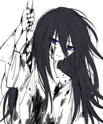 Rule 34 | 1boy, aged down, alternate hair length, alternate hairstyle, arm up, black hair, blood, blood on clothes, blood on face, blood on hands, bloody weapon, blue eyes, child, commentary request, empty eyes, greyscale, hair between eyes, holding, holding knife, holding weapon, knife, long hair, looking down, male focus, messy hair, monochrome, original, parted lips, partial commentary, reverse grip, shirt, short sleeves, simple background, solo, spot color, upper body, waka (shark waka), weapon, white background
