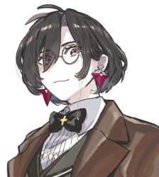 Rule 34 | 1boy, black bow, black bowtie, black hair, bow, bowtie, brown eyes, brown jacket, collared shirt, constantine xi (fate), earrings, fate/grand order, fate (series), green vest, hair between eyes, huzishiro, jacket, jewelry, looking at viewer, male focus, monocle, official alternate costume, shirt, short hair, simple background, smile, solo, upper body, vest, white background, white shirt