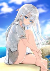 Rule 34 | 1girl, ass, bare legs, barefoot, blue eyes, blue sky, blurry, cloud, cloudy sky, commentary request, depth of field, eyes visible through hair, from side, head tilt, highres, horizon, kanaria hisagi, long hair, looking at viewer, looking to the side, naruse shiroha, ocean, pleated skirt, school uniform, serafuku, short sleeves, sidelocks, sitting, skirt, sky, solo, summer pockets, wall, white hair