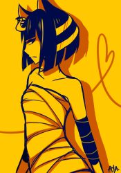 Rule 34 | 1girl, animal crossing, animal ears, ankha (animal crossing), armlet, armpit crease, aya (8819062), backlighting, bare shoulders, belt, breasts, cat ears, cat girl, cat tail, commentary, dark-skinned female, dark skin, dress, egyptian, egyptian clothes, eye of horus, eyelashes, eyes visible through hair, facial tattoo, from side, gradient background, humanization, looking away, nintendo, parted lips, purple eyes, purple hair, ribs, see-through silhouette, shiny skin, short hair, simple background, slit pupils, small breasts, solo, tail, tattoo, usekh collar, white dress, yellow background