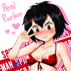 Rule 34 | 1girl, bikini, black hair, blush, breasts, brown eyes, character name, collarbone, front-tie bikini top, front-tie top, hair between eyes, heart, jazz jack, marvel, messy hair, peni parker, short hair, small breasts, solo, spider-man: into the spider-verse, spider-man (series), spider-verse, sweatdrop, swimsuit, upper body, v, wavy mouth