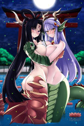 Rule 34 | 2girls, animal hands, ass, black hair, blush, body jewelry, breast press, breasts, butt crack, claws, cleavage, collarbone, commentary, commission, curvy, dragon, dragon girl, dragon horns, eastern dragon, english commentary, gem, grin, hair intakes, hair ornament, hair rings, horns, jewelry, lake, large breasts, lindaroze, long hair, looking at viewer, magatama, monster girl, monster girl encyclopedia, monster girl encyclopedia ii, moon, multiple girls, night, nude, otohime (monster girl encyclopedia), partially submerged, patreon username, purple eyes, purple hair, ryuu (monster girl encyclopedia), scales, sky, slit pupils, smile, star (sky), starry sky, symmetrical docking, tail, take your pick, twintails, very long hair, water, yuri