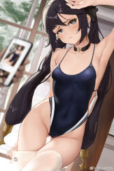 Rule 34 | 1girl, absurdres, alternate costume, arm over head, arm up, armpits, bare shoulders, black hair, blue one-piece swimsuit, breasts, chinese commentary, choker, collarbone, commentary request, competition swimsuit, covered navel, genshin impact, gluteal fold, green eyes, groin, hair ornament, hand in thighhighs, hand on own thigh, hand under clothes, head tilt, highleg, highleg swimsuit, highres, l ract, long hair, looking at viewer, mona (genshin impact), one-piece swimsuit, raised eyebrows, sideless outfit, small breasts, solo, spaghetti strap, standing, star (symbol), star hair ornament, swimsuit, thighhighs, thighs, twintails, variant set, white thighhighs