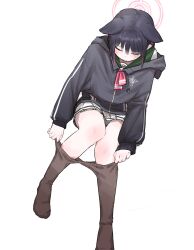 Rule 34 | 1girl, absurdres, animal ears, black hair, black jacket, black pantyhose, blue archive, blush, cat ears, closed eyes, colored inner hair, dressing, halo, highres, holding, holding clothes, holding legwear, hood, hooded jacket, invisible chair, jacket, kazusa (blue archive), lakudaken, long sleeves, multicolored hair, neckerchief, no shoes, pantyhose, pink hair, pink neckerchief, pleated skirt, school uniform, simple background, sitting, skirt, solo, two-tone hair, white background