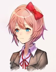 Rule 34 | 1girl, bad id, bad twitter id, blush, bow, brown jacket, closed mouth, collared shirt, doki doki literature club, hair between eyes, hair bow, jacket, mizu ramen, neck ribbon, open clothes, open jacket, pink hair, red bow, red ribbon, ribbon, sayori (doki doki literature club), school uniform, shirt, short hair, simple background, solo, upper body, white background, white shirt