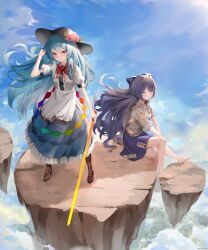 Rule 34 | 2girls, absurdres, barefoot, blue eyes, blue hair, blue skirt, boots, bow, breasts, cloud, day, debt, dobostorte, floating rock, food, fruit, full body, grey hoodie, hair bow, hand up, hat, highres, hinanawi tenshi, holding, holding sword, holding weapon, hood, hoodie, long hair, looking at viewer, multiple girls, outdoors, peach, rainbow order, red eyes, shirt, sitting, skirt, small breasts, standing, sword, sword of hisou, touhou, very long hair, weapon, white shirt, yorigami shion