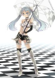 Rule 34 | 10s, 1girl, alternate costume, bad id, bad pixiv id, black thighhighs, blue eyes, boots, checkered background, checkered floor, elbow gloves, fingerless gloves, gloves, high heels, knee boots, long hair, miss monochrome, miss monochrome (character), parted bangs, race queen, silver hair, solo, thighhighs, twintails, umbrella, yamano uzura