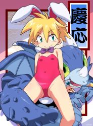 Rule 34 | 1girl, animal ears, bare shoulders, blonde hair, bow, bowtie, closed mouth, covered navel, fake animal ears, feet out of frame, flat chest, hiro hiroki, keio flying squadron, keiou yuugekitai, leotard, looking at viewer, nanahikari rami, open mouth, playboy bunny, pochi (keiou yuugekitai), rabbit ears, rabbit tail, red leotard, short hair, smile, tail, wrist cuffs